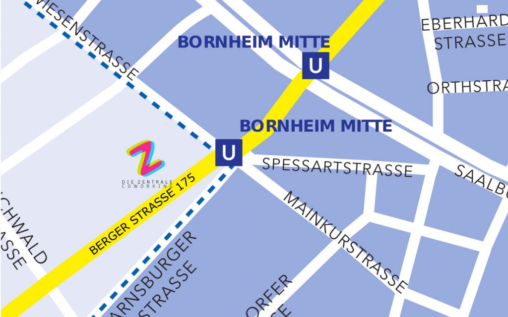 Straßenausschnitt mit Standort zum Co-Working-Space "Die Zentrale" in der Berger Straße