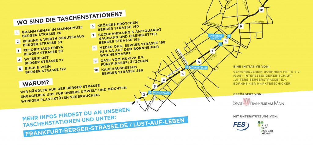Die Station Fünffingerplätzchen ist nun vor dem Biospahn, Berger Straße 222. Ich bin dabei: Plastikfrei!